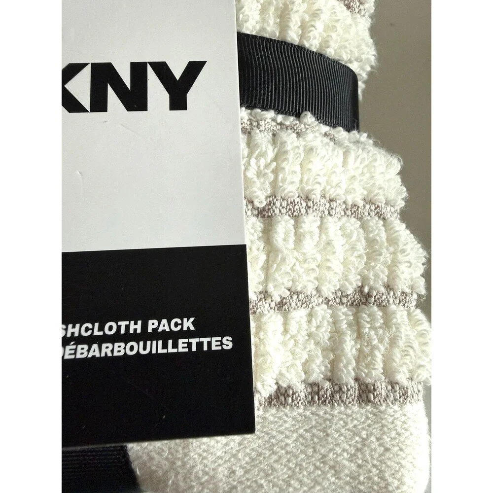 DKNY Facecloths Washcloths Set of 4 Textured Ivory Gray Stripes 100% Cotton